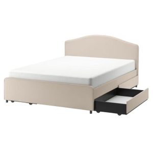 HAUGA Upholstered bed, 4 storage boxes, Lofallet beige, Full（带4 个储物箱）+HESSTUN Eurotop mattress, plush/white, King（毛绒/白色床垫）