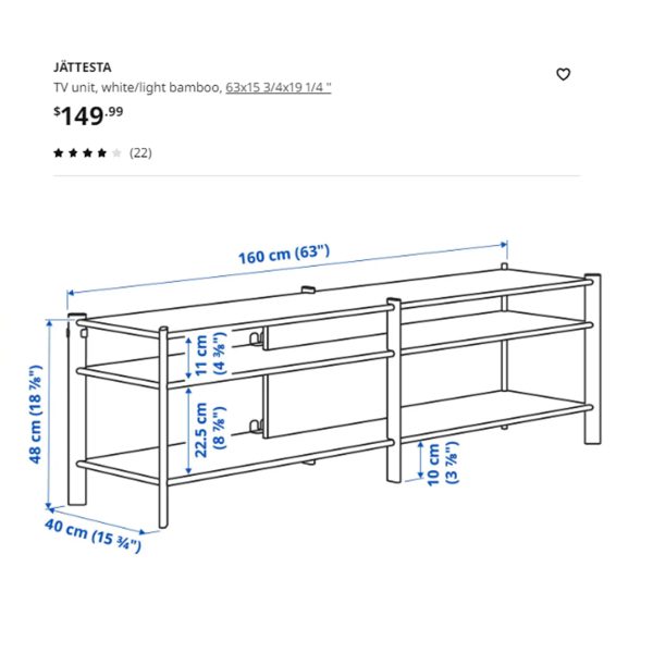 JÄTTESTA TV unit, white/light bamboo 三层电视柜 - 图片 2