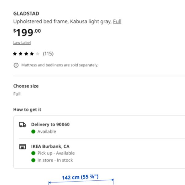 GLADSTAD Upholstered bed frame GLADSTAD灰色软垫床架+ÅKREHAMN Foam mattressÅKREHAMN 纯白泡沫床垫 - 图片 2