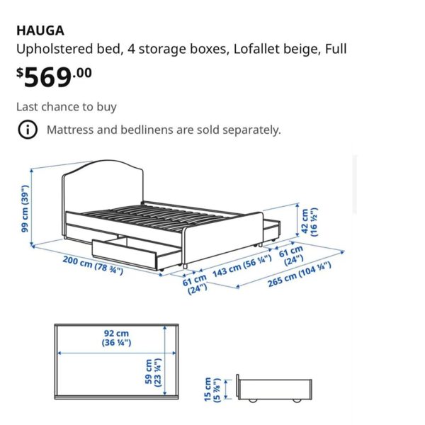 HAUGA Upholstered bed, 4 storage boxes, Lofallet beige, Full（带4 个储物箱）+HESSTUN Eurotop mattress, plush/white, King（毛绒/白色床垫） - 图片 2